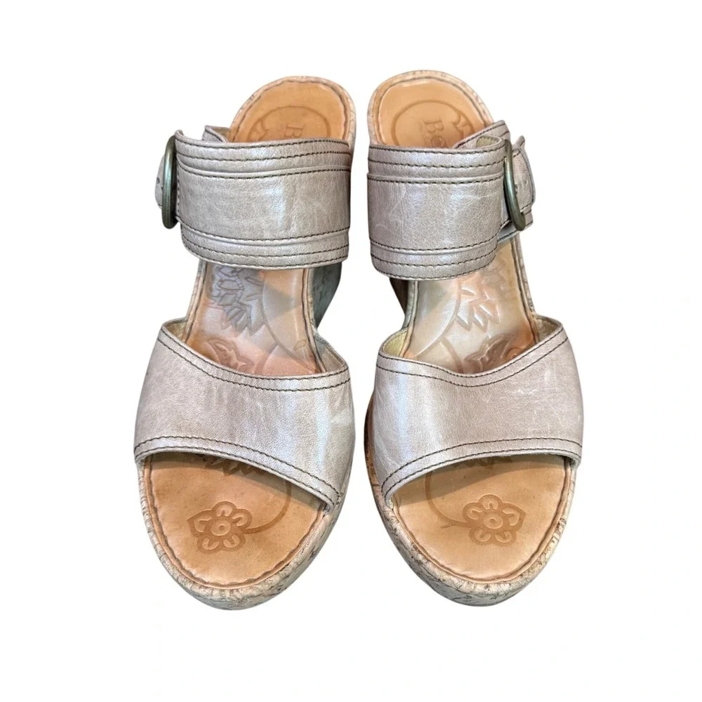 Born Zee Platform Leather Wedge Sandal Cork‎ Taupe Size 10/42